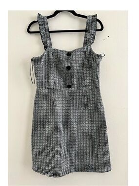 Checked Tweed Button-Front Mini Dress in Navy & White